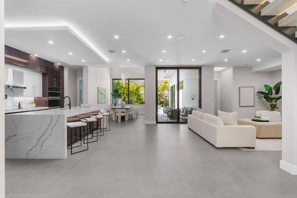 Interior, Kitchen, Living room, Marble Walls, Recessed Lighting