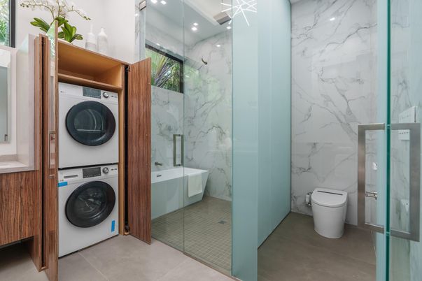 Bathroom, Glass Shower, Interior, Marble Walls, Recessed Lighting, Utility Closets, Washer