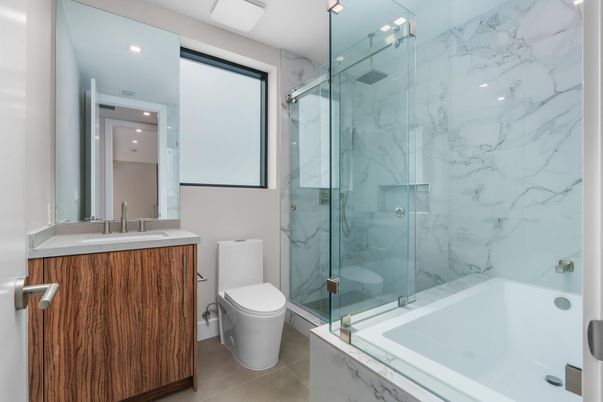 Bathroom, Glass Shower, Interior, Marble Walls, Recessed Lighting