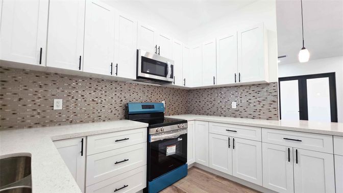 Interior, Kitchen, Pendant Lights, Stainless Steel Appliances, Wood Texture Flooring
