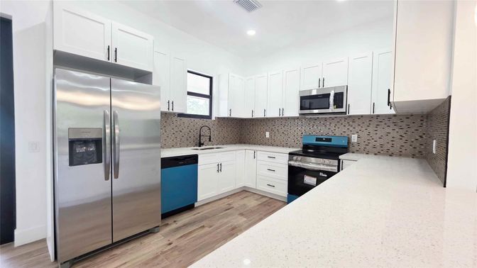 Interior, Kitchen, Recessed Lighting, Stainless Steel Appliances, Wood Texture Flooring