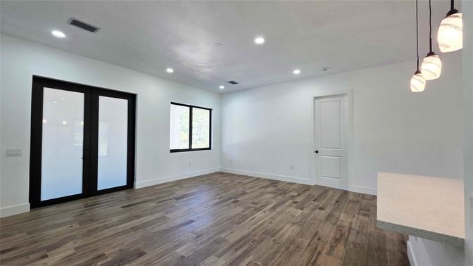 Empty room, Interior, Pendant Lights, Recessed Lighting, Wood Texture Flooring