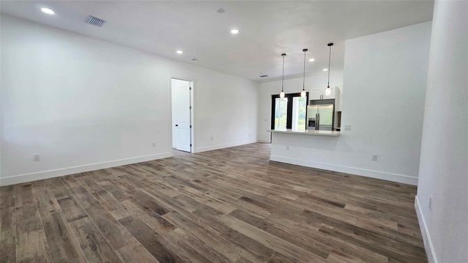 Empty room, Interior, Pendant Lights, Recessed Lighting, Wood Texture Flooring