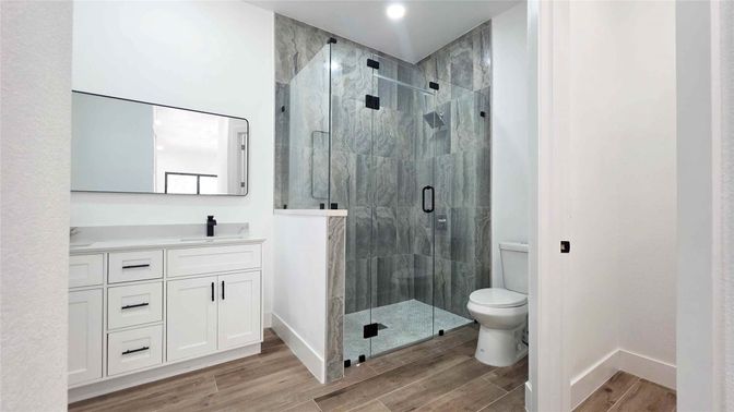 Bathroom, Glass Shower, Interior, Recessed Lighting, Wood Texture Flooring