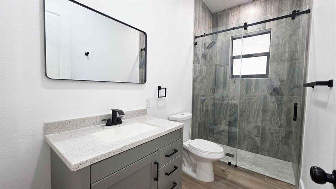 Bathroom, Glass Shower, Interior, Wood Texture Flooring