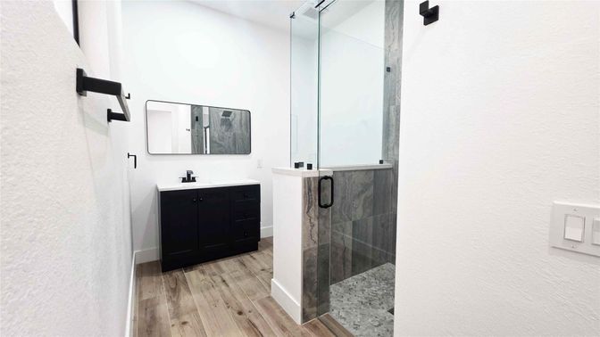 Bathroom, Glass Shower, Interior, Wood Texture Flooring