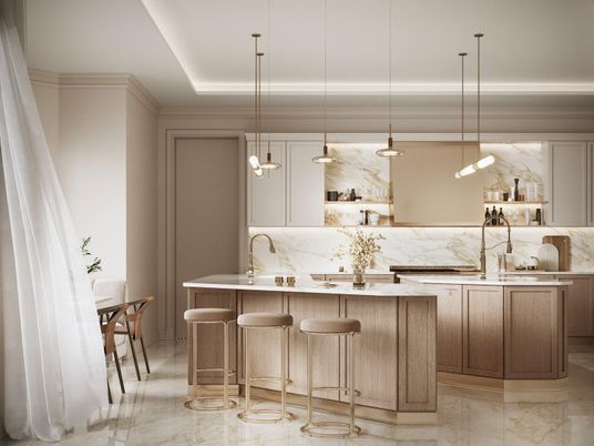 Interior, Kitchen, Marble, Marble Walls, Pendant Lights