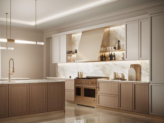 Interior, Kitchen, Marble Walls, Pendant Lights, Stainless Steel Appliances