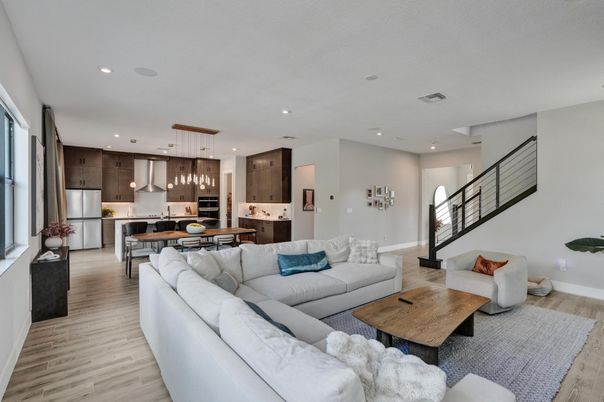 Dining room, Interior, Kitchen, Living room, Pendant Lights, Recessed Lighting, Stainless Steel Appliances, Wood Texture Flooring