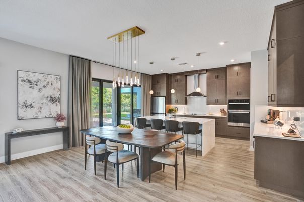 Dining room, Interior, Kitchen, Pendant Lights, Recessed Lighting, Wood Texture Flooring