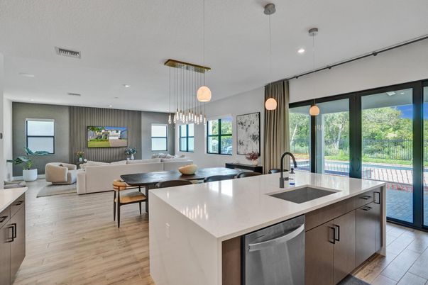 Dining room, Interior, Kitchen, Living room, Pendant Lights, Recessed Lighting, Wood Texture Flooring
