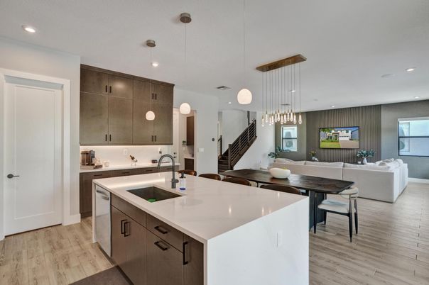 Dining room, Interior, Kitchen, Living room, Pendant Lights, Recessed Lighting, Wood Texture Flooring