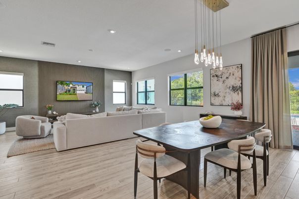 Dining room, Interior, Living room, Pendant Lights, Recessed Lighting, Wood Texture Flooring