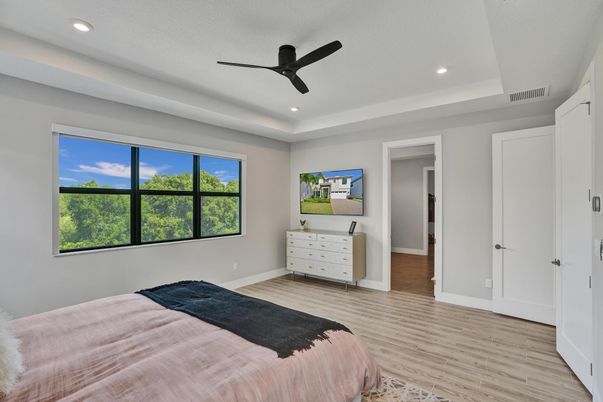 Bedroom, Interior, Recessed Lighting, Wood Texture Flooring