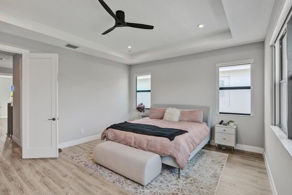 Bedroom, Interior, Recessed Lighting, Wood Texture Flooring