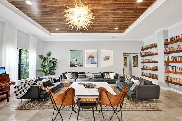 Chandelier, Interior, Living room, Recessed Lighting, Wooden Ceilings