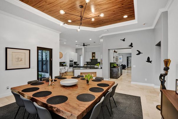 Dining room, Interior, Kitchen, Pendant Lights, Recessed Lighting, Wooden Ceilings