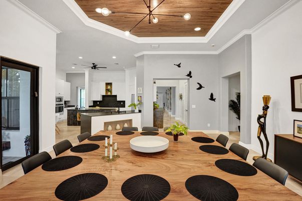 Dining room, Interior, Kitchen, Pendant Lights, Recessed Lighting, Wooden Ceilings