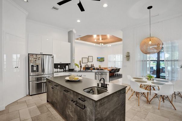 Dining room, Interior, Kitchen, Pendant Lights, Recessed Lighting, Stainless Steel Appliances, Wooden Ceilings
