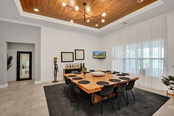 Dining room, Interior, Pendant Lights, Recessed Lighting, Wooden Ceilings