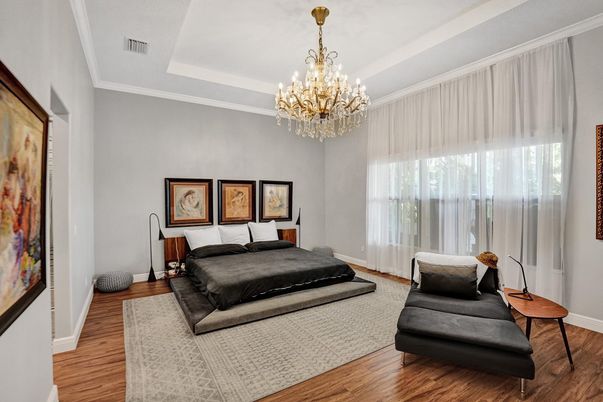 Bedroom, Chandelier, Interior, Wood Texture Flooring