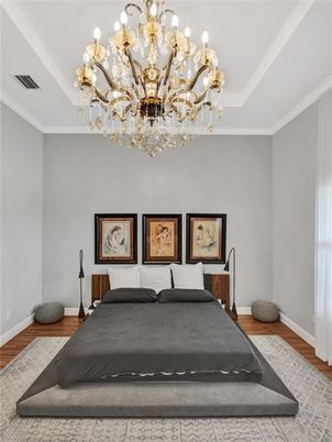Bedroom, Chandelier, Interior, Wood Texture Flooring
