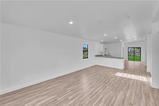 Empty room, Interior, Kitchen, Recessed Lighting, Wood Texture Flooring