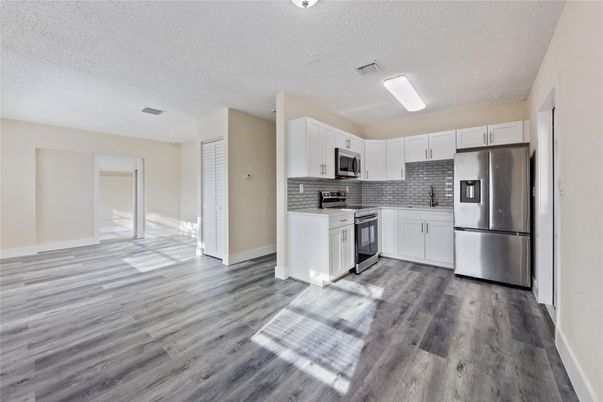 Interior, Kitchen, Stainless Steel Appliances, Wood Texture Flooring