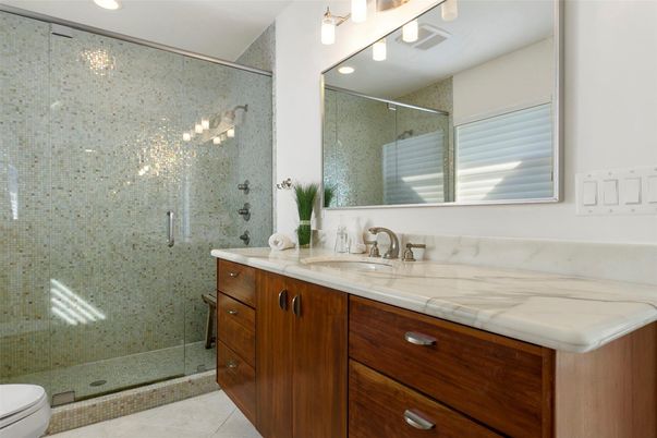 Bathroom, Glass Shower, Interior, Recessed Lighting, Tile Countertops