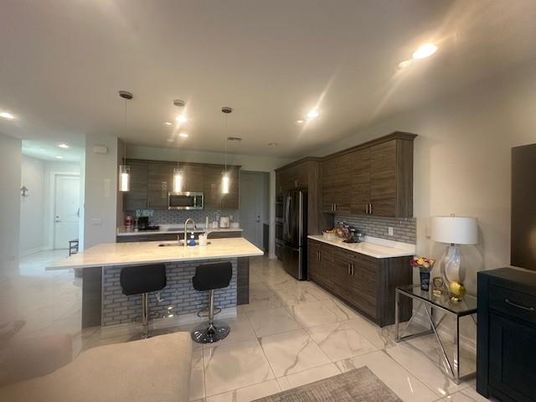 Interior, Kitchen, Marble, Pendant Lights, Recessed Lighting, Stainless Steel Appliances