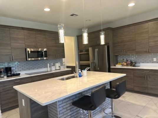 Interior, Kitchen, Marble, Pendant Lights, Recessed Lighting, Stainless Steel Appliances