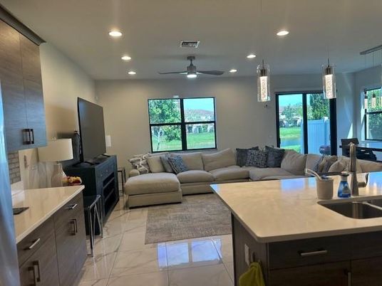 Interior, Kitchen, Living room, Marble, Pendant Lights, Recessed Lighting