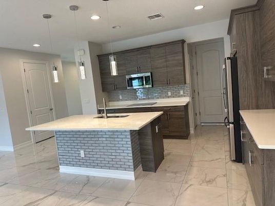 Interior, Kitchen, Marble, Pendant Lights, Recessed Lighting, Stainless Steel Appliances