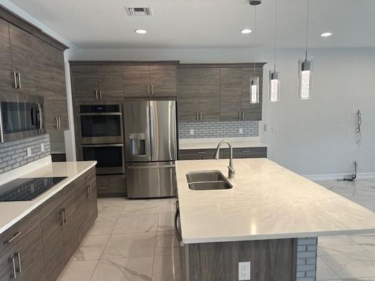 Interior, Kitchen, Marble, Pendant Lights, Recessed Lighting, Stainless Steel Appliances