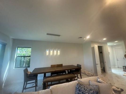 Dining room, Interior, Marble, Pendant Lights, Recessed Lighting