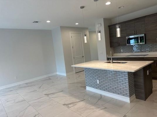 Interior, Kitchen, Marble, Pendant Lights, Recessed Lighting