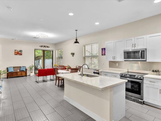 Dining room, Interior, Kitchen, Pendant Lights, Recessed Lighting, Stainless Steel Appliances, Wood Texture Flooring