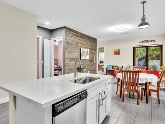 Dining room, Interior, Kitchen, Pendant Lights, Recessed Lighting, Wooden Walls