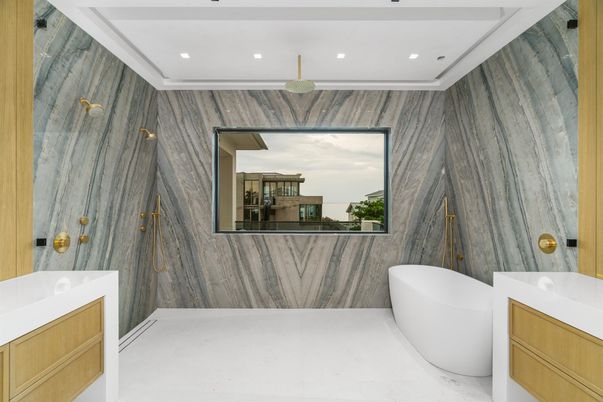 Bathroom, Free Standing Baths, Interior, Marble Walls, Recessed Lighting