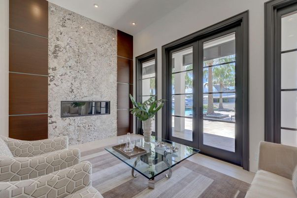 Fireplace, Interior, Living room, Recessed Lighting, Stone Walls, Wood Texture Flooring