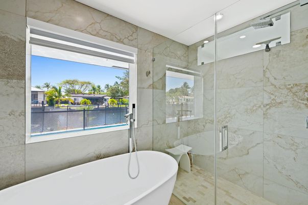 Bathroom, Free Standing Baths, Glass Shower, Interior, Marble Walls, Recessed Lighting