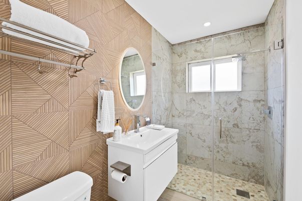 Bathroom, Glass Shower, Interior, Marble Walls, Recessed Lighting