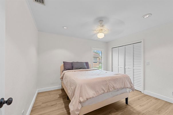 Bedroom, Interior, Recessed Lighting, Wood Texture Flooring