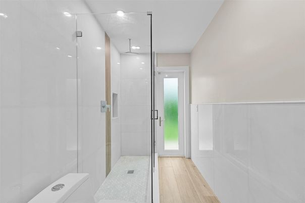 Bathroom, Glass Shower, Interior, Recessed Lighting, Wood Texture Flooring