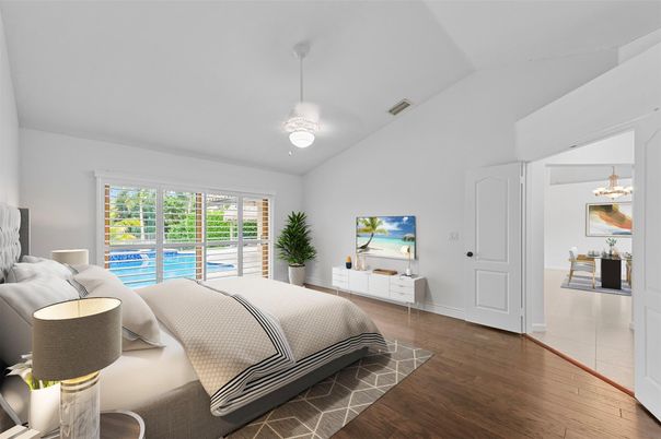 Bedroom, Interior, Pendant Lights, Wood Texture Flooring