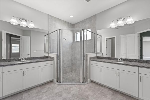 Bathroom, Dual Sink Vanities, Glass Shower, Interior, Recessed Lighting