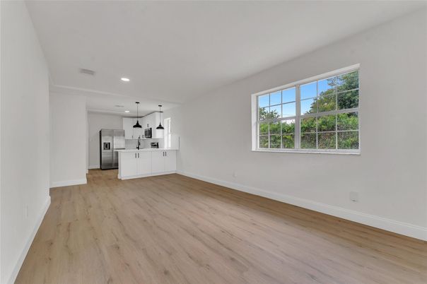 Empty room, Interior, Kitchen, Pendant Lights, Recessed Lighting, Wood Texture Flooring