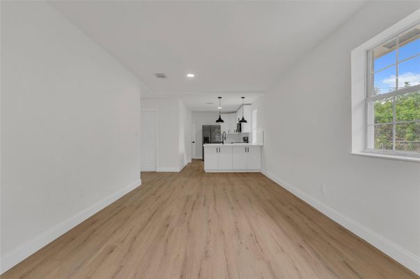 Empty room, Interior, Kitchen, Pendant Lights, Recessed Lighting, Wood Texture Flooring
