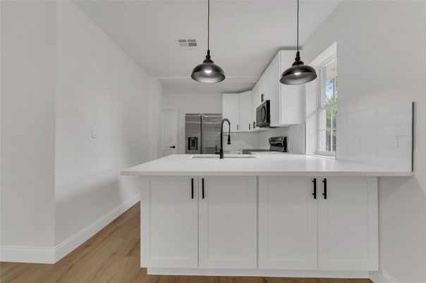 Interior, Kitchen, Pendant Lights, Stainless Steel Appliances, Wood Texture Flooring