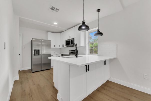 Interior, Kitchen, Pendant Lights, Recessed Lighting, Stainless Steel Appliances, Wood Texture Flooring